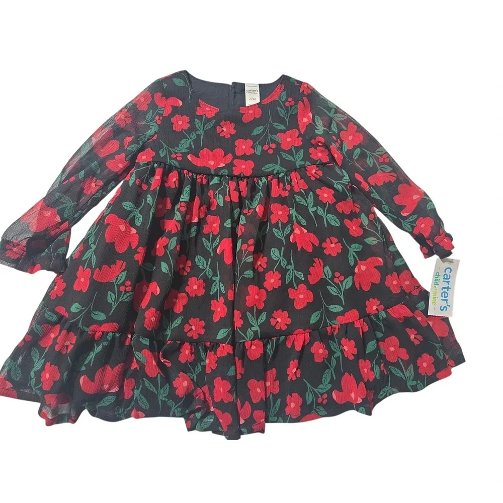 Carters Girls Red Floral Chiffon Dress Long Sleeve 3T flower NWT